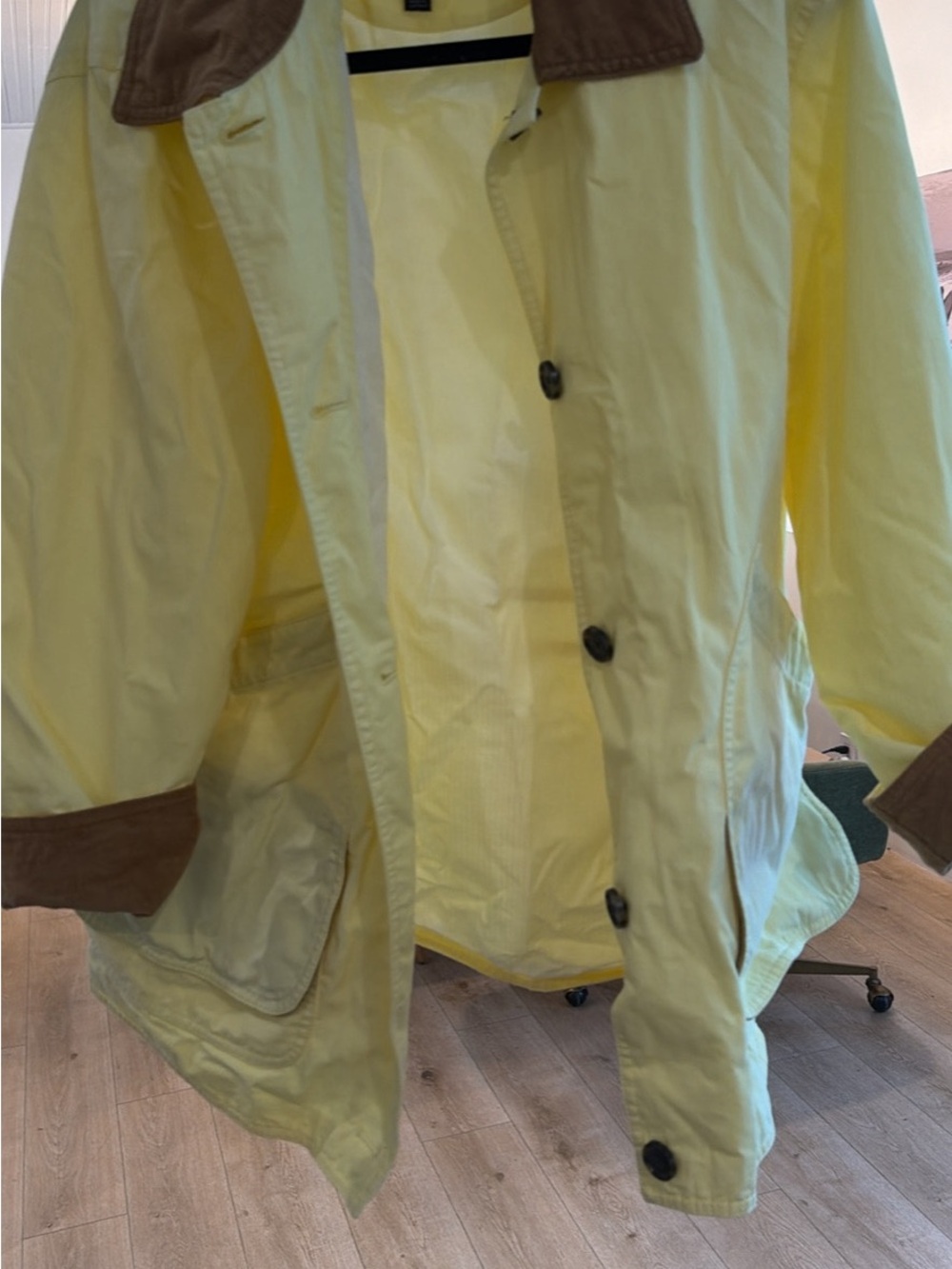 J. Crew Pale Yellow Trench Coat with Brown Corduroy Collar